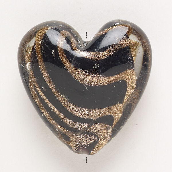 Bead, lampworked glass, pkg/1, opaque and translucent black with copper-colored glitter, 34-36mm puffed heart. image number 0