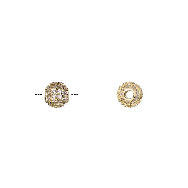 Bead, cubic zirconia and gold-finished brass, clear, 5.5mm textured round. Sold individually. image number 0