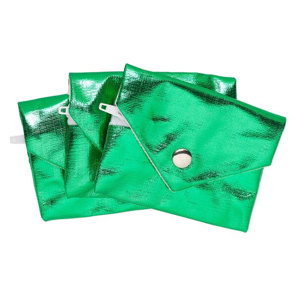 Pouch, metallic nylon, green, 3x2.5-inches with snap and zipper. Sold per pkg of 3. image number 0