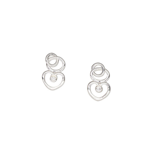 Charm, sterling silver and cubic zirconia, clear, 6.5x5mm single-sided open heart with 4mm closed round loop. Sold per pkg of 2. image number 0