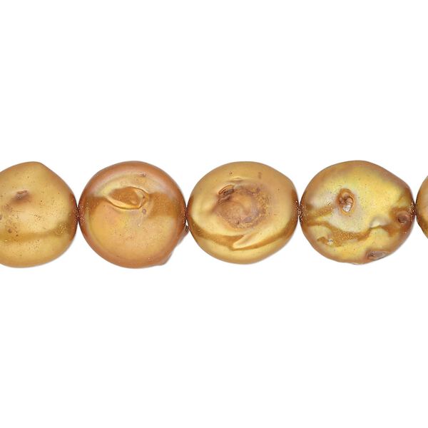 Pearl, cultured freshwater pearl (dyed), terra cotta, 11-13mm flat round, Mohs hardness 2-1/2 to 4. Sold per 15-inch strand, approximately 30 beads. image number 0