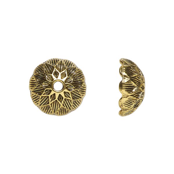 Bead cap, antiqued gold-finished "pewter" (zinc-based alloy), 14x7mm round, fits 14-15mm beads. Sold per pkg of 10. image number 0