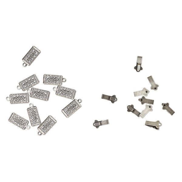 Clasp, tab, antique silver-plated brass, 11x6mm double-sided filigree rectangle with diamond design. Sold per pkg of 10. image number 0