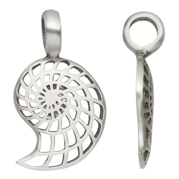 Pendant, antiqued pewter (tin-based alloy), 40x22mm single-sided nautilus with 6.5mm hole. Sold individually. image number 0