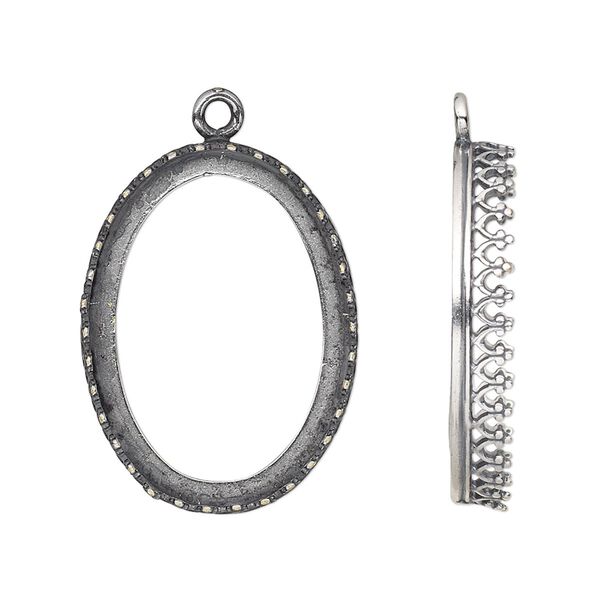 Drop, JBB Findings, antique silver-plated brass, 27x20mm oval with decorative trim, 25x18mm oval bezel setting. Sold individually. image number 0