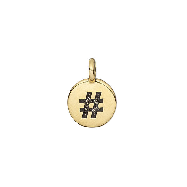 Drop, TierraCast®, antique gold-plated pewter (tin-based alloy), 12mm single-sided flat round with textured hashtag or pound sign. Sold per pkg of 2. image number 0