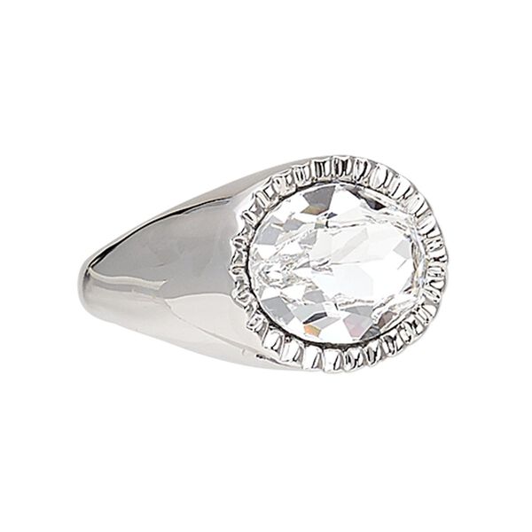 Ring, crystals and rhodium-plated "pewter" (zinc-based alloy), crystal clear, 23x18mm oval, size 10. Sold individually. image number 0