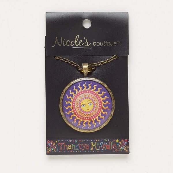 Necklace, resin / antique brass-finished "pewter" (zinc-based alloy) / steel, multicolored, 36mm round with sun design and glitter, 23 inches with lobster claw clasp. Sold individually. image number 0