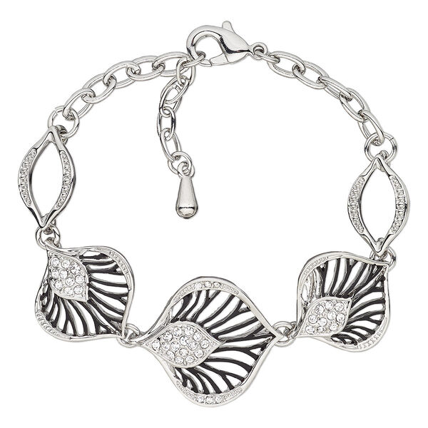 Bracelet, enamel / glass rhinestone / imitation rhodium-plated brass / steel / "pewter" (zinc-based alloy), black and clear, 25mm wide with leaf, 6-1/2 inches with 1-inch extender chain and lobster claw clasp. Sold individually. image number 0