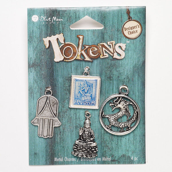 Drop and charm, antique silver-finished "pewter" (zinc-based alloy), clear / blue / white, 20x18mm-26x18mm assorted shape. Sold per pkg of 4. image number 0