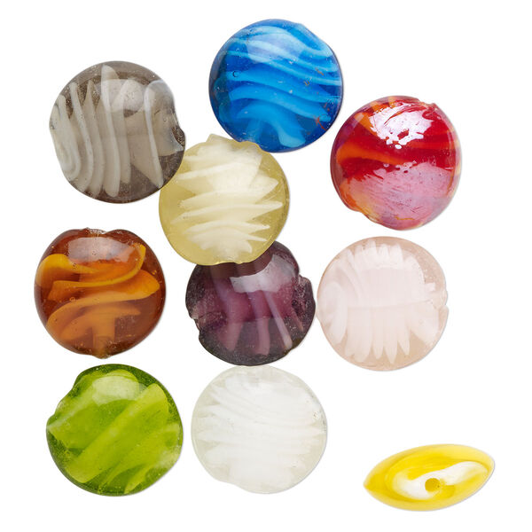 Bead, lampworked glass, opaque multicolored, 19-21mm puffed flat round with swirl design. Sold per pkg of 10. image number 0