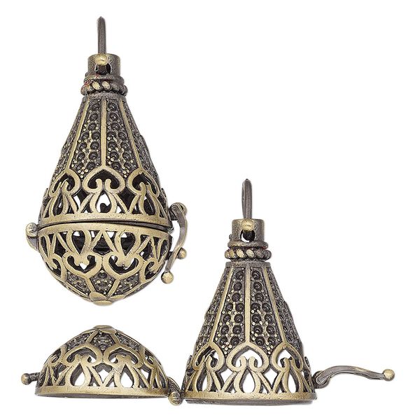 Pendant, antique brass-finished brass, 41x21.5mm balloon bead cage with fancy cutout design and safety latch, fits 14mm round bead. Sold individually. image number 0