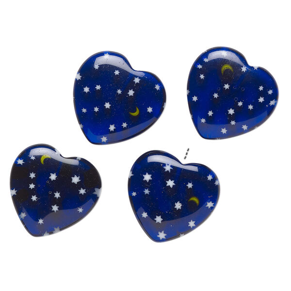 Bead, millefiori glass, translucent multicolored, 15-20mm half-drilled puffed heart with star and moon design. Sold per pkg of 4. image number 0