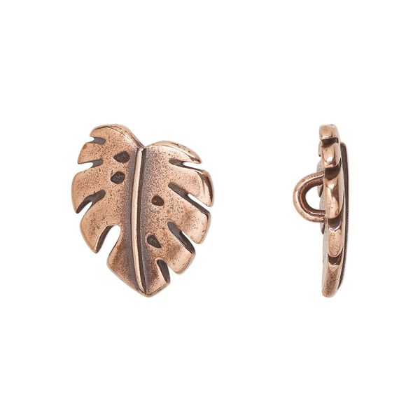 Button, TierraCast®, antique copper-plated pewter (tin-based alloy), 15x13.5mm monstera leaf with closed loop. Sold per pkg of 2. image number 0