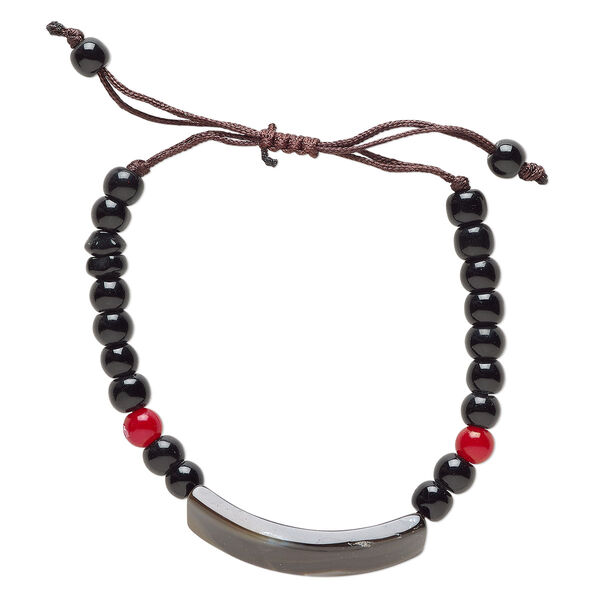 Bracelet, black agate (dyed/heated) / glass / waxed cotton, black / red / dark brown, 10mm curved rectangle, 5 to 7-1/2 inches with adjustable slip knot closure. Sold individually. image number 0