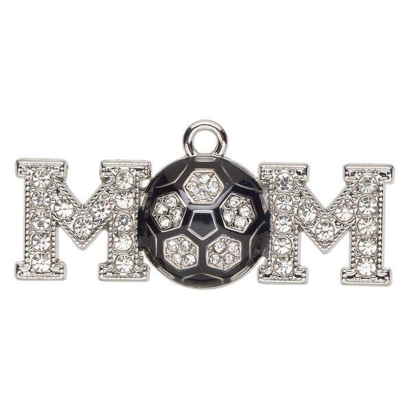Focal, glass / enamel / silver-finished "pewter" (zinc-based alloy), clear and black, 48x17mm single-sided "MOM" with soccer ball. Sold individually. image number 0