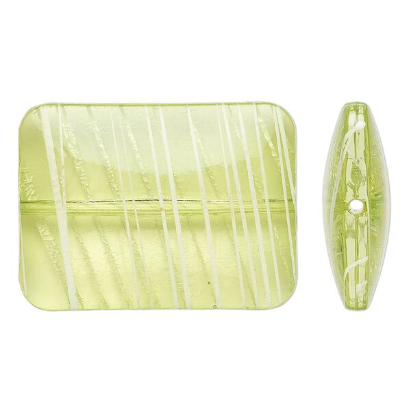 Bead, acrylic, semitransparent green and white, 40x30mm puffed rectangle with painted line design. Sold per pkg of 12. image number 0