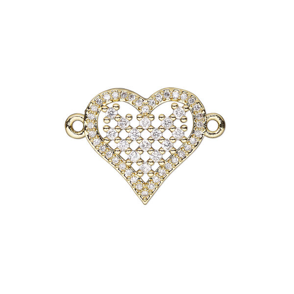 Link, cubic zirconia and gold-finished brass, clear, 15.5x15mm single-sided heart. Sold individually. image number 0