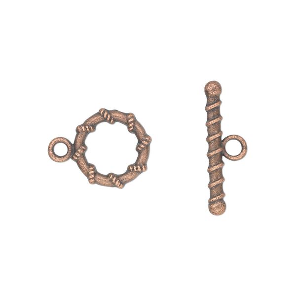 Clasp, toggle, antique copper-plated "pewter" (zinc-based alloy), 11mm double-sided round. Sold per pkg of 20. image number 0