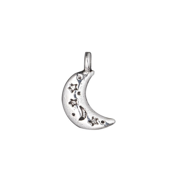 Charm, antique silver-plated "pewter" (zinc-based alloy), 15x11mm double-sided moon with moon and star design. Sold per pkg of 20. image number 0
