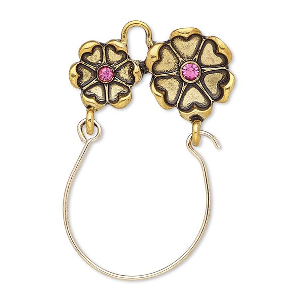 Focal, antiqued gold-finished "pewter" (zinc-based alloy) and steel / Czech glass rhinestone, pink, 37x24mm single-sided charm holder with 25x13mm flowers. Sold per pkg of 2. image number 0