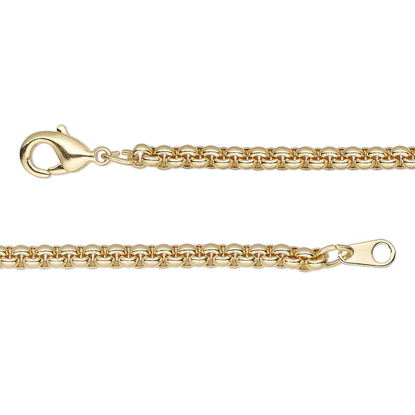 Chain, gold-finished brass, 3mm tight rolo, 18 inches with lobster claw clasp. Sold individually. image number 0