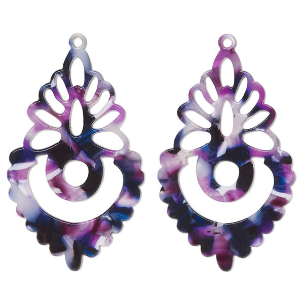 Focal, resin, purple / dark purple / white, 50x31mm fancy teardrop. Sold per pkg of 2. image number 0