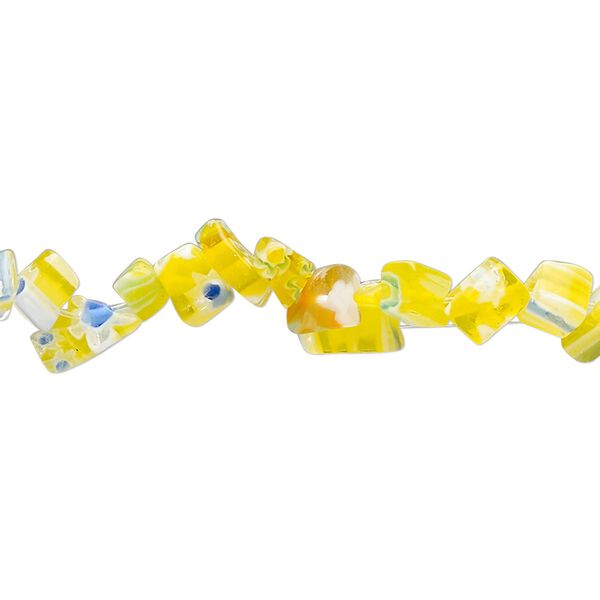 Bead, millefiori glass, translucent yellow and multicolored, small chip. Sold per 32-inch strand. image number 0