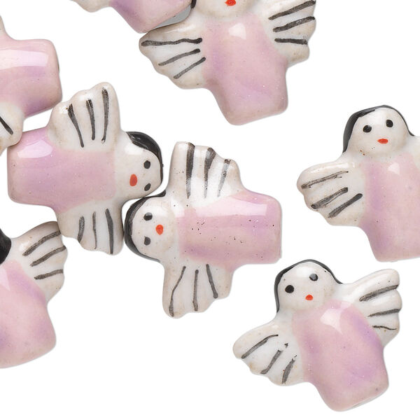 Bead, porcelain, pink / black / white, 18x17mm vertically drilled angel. Sold per pkg of 10. image number 0