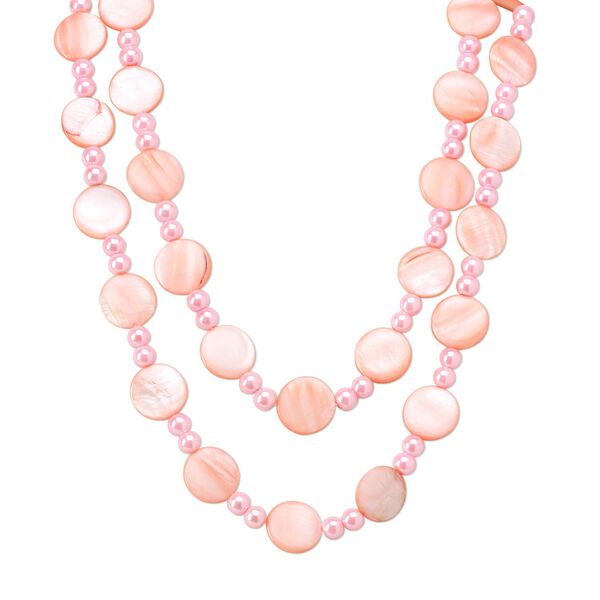 Necklace, glass pearl and mother-of-pearl shell (dyed), pink, 20mm flat round and 8mm round, 44-inch continuous loop. Sold individually. image number 0