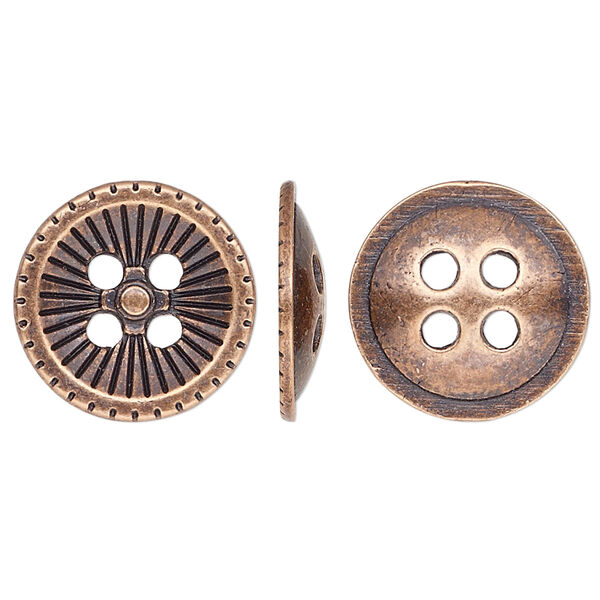 Button, antiqued copper-finished "pewter" (zinc-based alloy), 18mm single-sided corrugated round. Sold per pkg of 20. image number 0
