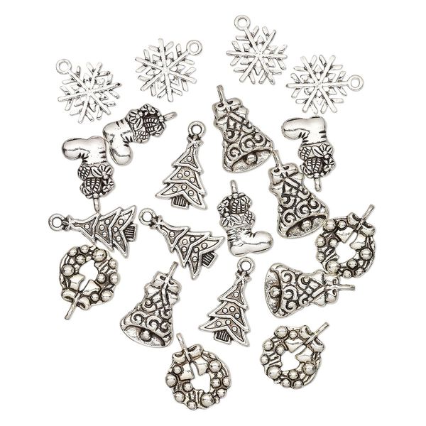 Charm, antique silver-plated "pewter" (zinc-based alloy), 16x13mm-20x15mm single- and double-sided assorted Christmas theme. Sold per pkg of 20. image number 0
