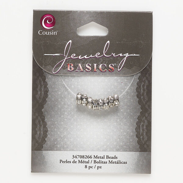 Bead, silver-finished "pewter" (zinc-based alloy) and glass, clear, 7x3mm rondelle. Sold per pkg of 8. image number 0