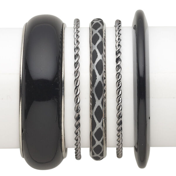 Bracelet mix, bangle, plastic with silver- and gunmetal-finished steel, silver and black, 3-22.5mm wide with mixed design, 8 to 8-1/2 inches. Sold per 5-piece set. image number 0
