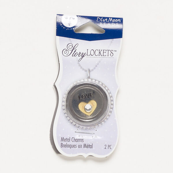 Charm mix, acrylic rhinestone / enamel / antique gold- / antique silver-finished steel, clear and black, 20mm undrilled flat round with "LOVE" and 12x10mm undrilled heart. Sold per pkg of 2. image number 0
