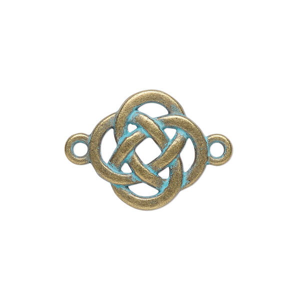 Link, antique brass-finished "pewter" (zinc-based alloy), green patina, 18mm single-sided Celtic knot. Sold per pkg of 4. image number 0