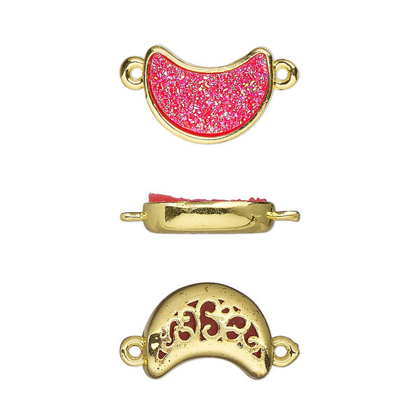 Link, Druzylite™, "druzy" (resin) and gold-finished brass, hot pink, 14x10mm two-sided moon with open filigree back. Sold per pkg of 4. image number 0