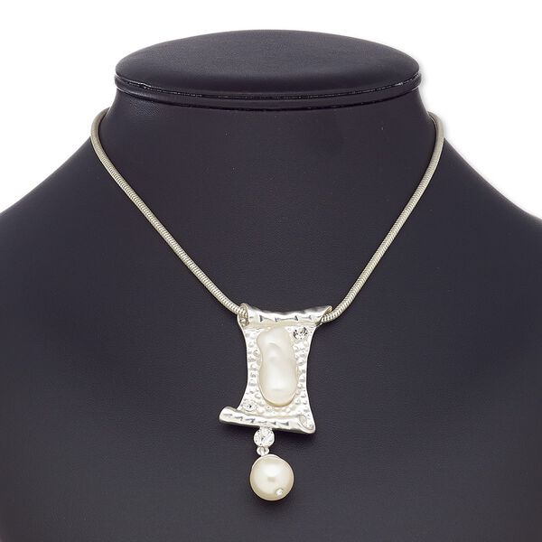 Necklace, plastic / resin / silver-coated plastic / silver-finished brass / steel / "pewter" (zinc-based alloy), white and clear, 2-3/4 x 1-inch scroll, 16 inches with 2-inch extender chain and lobster claw clasp. Sold individually. image number 0