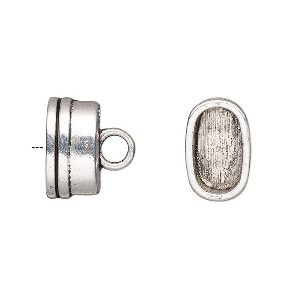Cord end, glue-in, antique silver-finished "pewter" (zinc-based alloy), 15x9.5x8mm oval, 12.5x7mm inside diameter. Sold per pkg of 4. image number 0