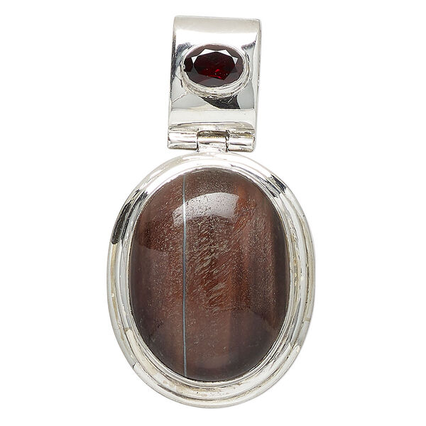 Pendant, red tigereye (heated) / garnet (heated) / sterling silver, 50x27mm oval. Sold individually. image number 0