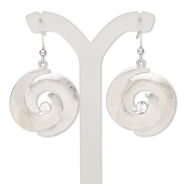 Earring, glass rhinestone with imitation rhodium-finished brass and steel, clear, 45mm with brushed swirl and fishhook ear wire. Sold per pair. image number 0