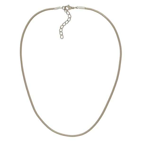Necklace cord, leather and imitation rhodium-plated brass and steel, taupe, 2mm round, 24 inches with 2-inch extender chain and lobster claw clasp. Sold per pkg of 6. image number 0