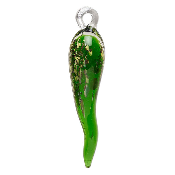 Pendant, lampworked glass, translucent green / yellow / clear with copper-colored foil, 56x15mm chili pepper. Sold individually. image number 0