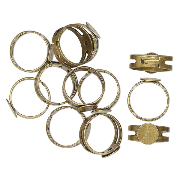 Ring, antique brass-finished brass, adjustable with 9mm round flat pad setting. Sold per pkg of 12. image number 0