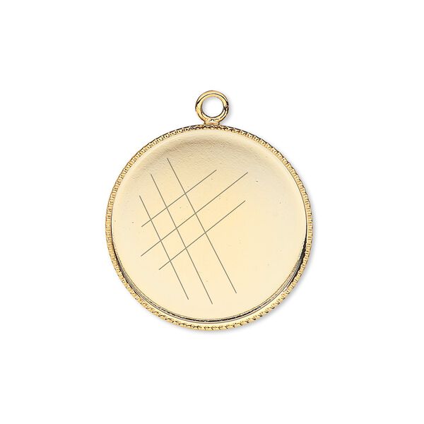 Drop, gold-plated brass, 21mm round with beaded edge and 20mm round bezel setting. Sold per pkg of 2. image number 0