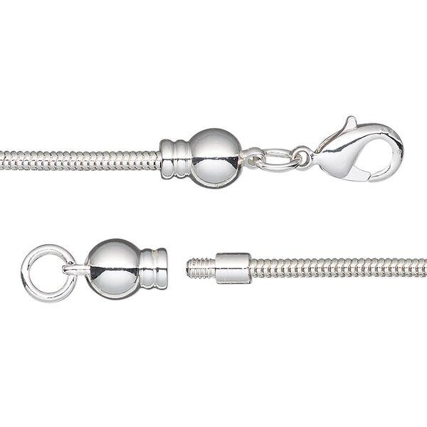 Dione®, Easy-On Chain, silver-plated brass, 2mm snake, 7-1/2 inches with 3.3mm threaded ball end and lobster claw clasp. Sold individually. image number 0