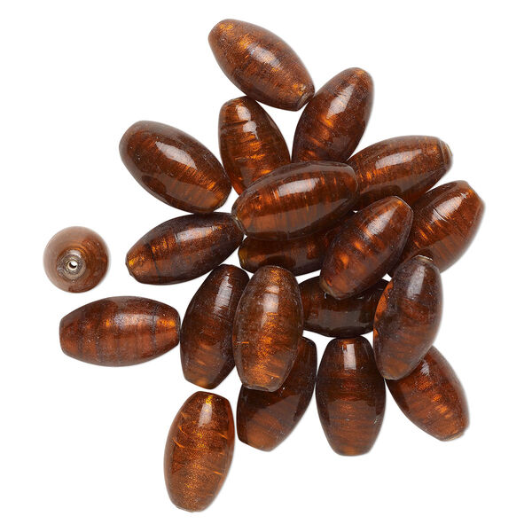 Bead, lampworked glass, translucent dark red-orange, 25x14mm oval with copper-colored glitter. Sold per pkg of 20. image number 0