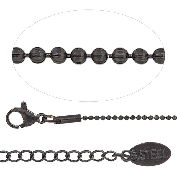 Chain, black-finished stainless steel, 1.2mm ball, 18 inches with 2-inch extender chain and lobster claw clasp. Sold individually. image number 0