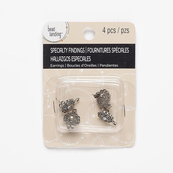 Earstud 1pkg4 "pewter" (zinc-based alloy), 13mm filigree flower / closed loop / earnuts, antique silver-finished / steel / glass rhinestone / clear AB 2 pair image number 0