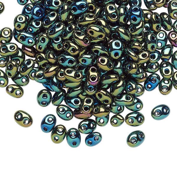 Seed bead, Preciosa Twin™ Czech glass, pkg/250g, 5x2.5mm oval, opaque olive iris black, (59155). image number 0
